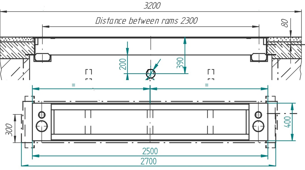 TWIN RAM YLÄKEKYS 2-SYLINTERINOSTIMELLE 2300 MM GALVANOITU